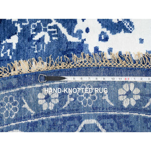 10'2"x10'2" Denim Blue, Tabriz with All Over Motifs Tone on Tone, Wool and Silk Hand Knotted, Round Oriental Rug FWR389082