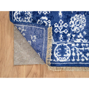 2'x3' Denim Blue, Tebraz with All Over Motifs Tone on Tone, Wool and Silk Hand Knotted, Mat Oriental Rug FWR389148