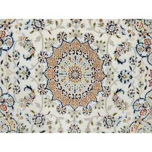 4'2"x4'2" Ivory, Hand Knotted, Nain with Center Medallion Flower Design, Wool, 250 KPSI, Square Oriental Rug FWR389178