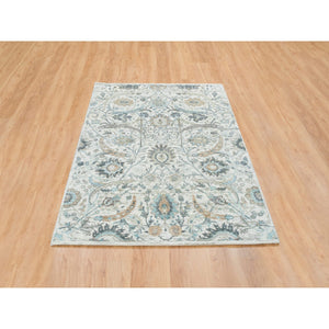 4'2"x6'2" Ivory, Hand Knotted Sickle Leaf Design, Soft Pile Silk With Textured Wool, Oriental Rug FWR389298