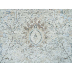 6'1"x6'1" Ivory, Sickle Leaf Design Soft Pile, Silk With Textured Wool Hand Knotted, Round Oriental Rug FWR389406