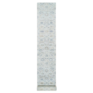 2'6"x23'10" Ivory, Silk With Textured Wool Hand Knotted, Sickle Leaf Design Soft Pile, XL Runner Oriental Rug FWR389418