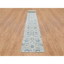 Load image into Gallery viewer, 2&#39;6&quot;x23&#39;10&quot; Ivory, Silk With Textured Wool Hand Knotted, Sickle Leaf Design Soft Pile, XL Runner Oriental Rug FWR389418