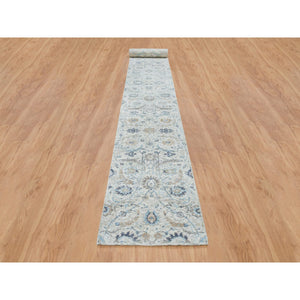 2'6"x23'10" Ivory, Silk With Textured Wool Hand Knotted, Sickle Leaf Design Soft Pile, XL Runner Oriental Rug FWR389418