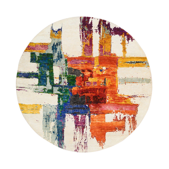 5'x5' Colorful, Modern Abstract Motifs with Painter's Brush Strokes, Wool and Sari Silk Hand Knotted, Round Oriental Rug FWR389436
