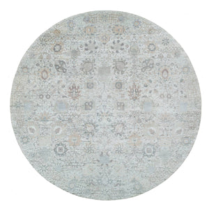 14'x14' Ivory, Tabriz Vase With Pomegranate Design, Silk With Textured Wool Hand Knotted, Round Oriental Rug FWR389466