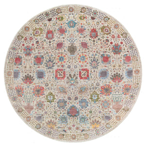 14'x14' Colorful, Tabriz Vase With Flower Design, Silk With Textured Wool Hand Knotted, Round Oriental Rug FWR389472