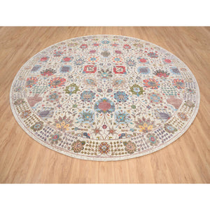 14'x14' Colorful, Tabriz Vase With Flower Design, Silk With Textured Wool Hand Knotted, Round Oriental Rug FWR389472