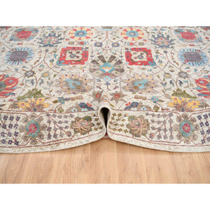14'x14' Colorful, Tabriz Vase With Flower Design, Silk With Textured Wool Hand Knotted, Round Oriental Rug FWR389472