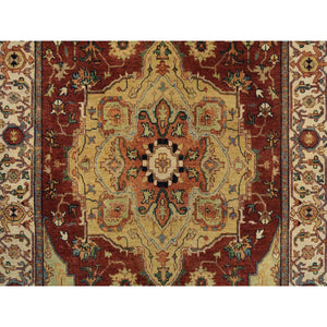 4'1"x10'3" Terracotta Red, Natural Dyes Hand Spun Wool, Hand Knotted Antiqued Fine Heriz Re-Creation Densely Woven, Wide Runner Oriental Rug FWR389742