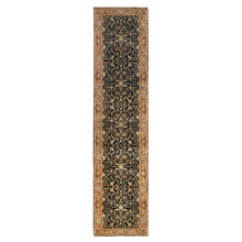Load image into Gallery viewer, 2&#39;7&quot;x12&#39; Midnight Blue, Antiqued Fine Heriz Re-Creation, Densely Woven Natural Dyes, Pure Wool Hand Knotted, Runner Oriental Rug FWR389814