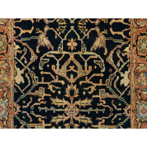 2'7"x12' Midnight Blue, Antiqued Fine Heriz Re-Creation, Densely Woven Natural Dyes, Pure Wool Hand Knotted, Runner Oriental Rug FWR389814