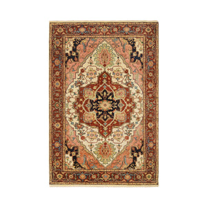 4'1"x6'2" Ivory, Antiqued Fine Heriz Re-Creation Pure Wool, Hand Knotted, Oriental Rug FWR389832