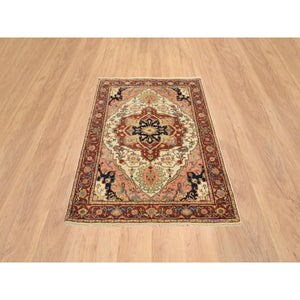 4'1"x6'2" Ivory, Antiqued Fine Heriz Re-Creation Pure Wool, Hand Knotted, Oriental Rug FWR389832