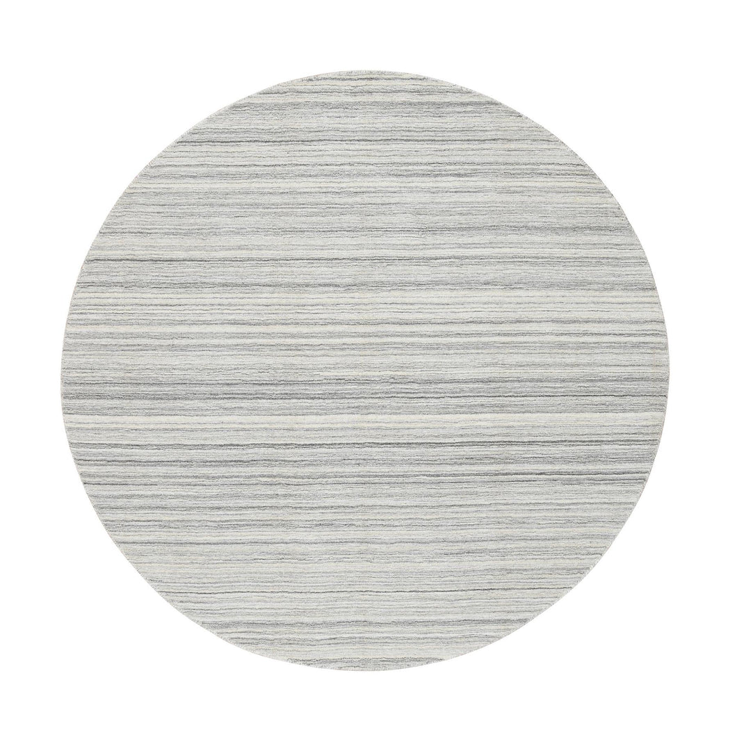 6'x6' Platinum Gray and Cream, Thick and Plush Plain Hand Loomed, Undyed Natural Wool Modern Design, Round Oriental Rug FWR389910