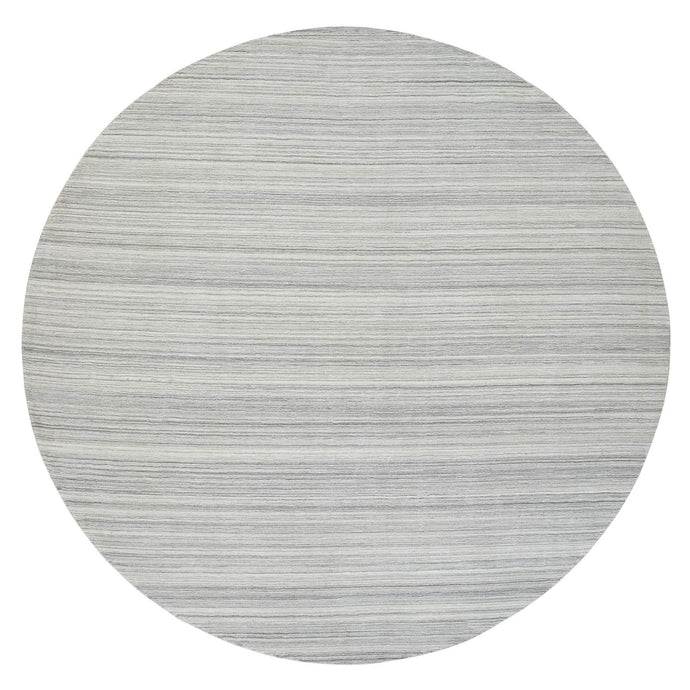 12'x12' Platinum Gray and Cream, Plain Hand Loomed Undyed Natural Wool, Modern Design Thick and Plush, Round Oriental Rug FWR389970