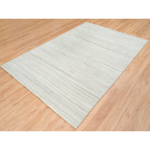 6'1"x9' Ivory and Cream, Modern Design Thick and Plush, Plain Hand Loomed Undyed Natural Wool, Oriental Rug FWR390048