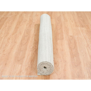 6'1"x9' Ivory and Cream, Modern Design Thick and Plush, Plain Hand Loomed Undyed Natural Wool, Oriental Rug FWR390048