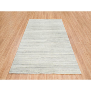 6'1"x9' Ivory and Cream, Modern Design Thick and Plush, Plain Hand Loomed Undyed Natural Wool, Oriental Rug FWR390054