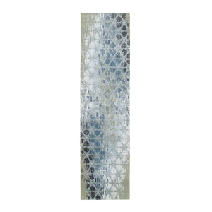 2'6"x10'1" Gray and Blue, Wool and Silk THE HONEYCOMB Award Winning Design, Hand Knotted, Runner Oriental Rug FWR390108