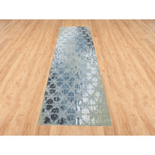 Load image into Gallery viewer, 2&#39;6&quot;x10&#39;1&quot; Gray and Blue, Wool and Silk THE HONEYCOMB Award Winning Design, Hand Knotted, Runner Oriental Rug FWR390108