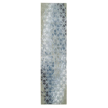 Load image into Gallery viewer, 2&#39;7&quot;x12&#39; Gray and Blue, THE HONEYCOMB Award Winning Design, Hand Knotted Wool and Silk, Runner Oriental Rug FWR390120