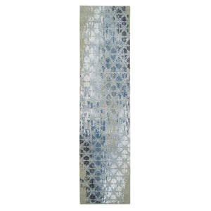 2'7"x12' Gray and Blue, THE HONEYCOMB Award Winning Design, Hand Knotted Wool and Silk, Runner Oriental Rug FWR390120