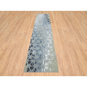 2'7"x12' Gray and Blue, THE HONEYCOMB Award Winning Design, Hand Knotted Wool and Silk, Runner Oriental Rug FWR390120