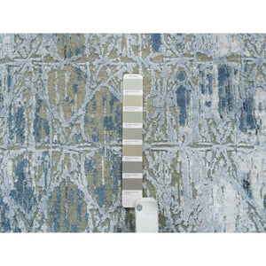 2'7"x12' Gray and Blue, THE HONEYCOMB Award Winning Design, Hand Knotted Wool and Silk, Runner Oriental Rug FWR390120
