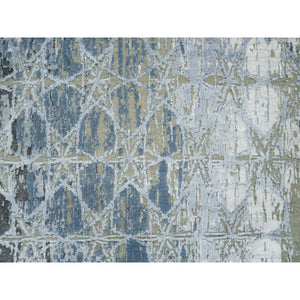 2'7"x12' Gray and Blue, THE HONEYCOMB Award Winning Design, Hand Knotted Wool and Silk, Runner Oriental Rug FWR390120