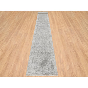 2'7"x20' Gray, Wool and Pure Silk Broken Persian Design, Hand Knotted, XL Runner Oriental Rug FWR390126