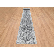 Load image into Gallery viewer, 2&#39;7&quot;x23&#39;9&quot; Silver Gray, Wool and Pure Silk Hand Knotted, Erased Persian Design, XL Runner Oriental Rug FWR390138