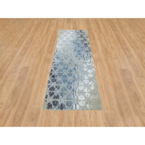 2'6"x8'3" Gray and Blue, Hand Knotted Wool and Silk, THE HONEYCOMB Award Winning Design, Runner Oriental Rug FWR390162