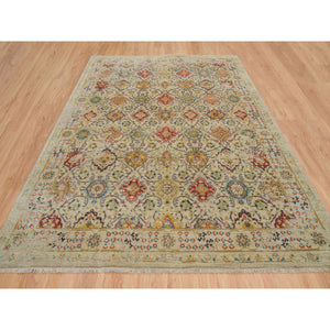 8'2"x10'2" Beige, THE SUNSET ROSETTES, Hand Knotted Wool And Pure Silk, Oriental Rug FWR390174