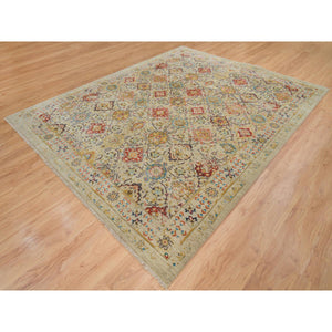 8'2"x10'2" Beige, THE SUNSET ROSETTES, Hand Knotted Wool And Pure Silk, Oriental Rug FWR390174