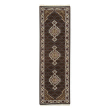Load image into Gallery viewer, 2&#39;x7&#39;10&quot; Rich Black, Tabriz Mahi with Fish Medallion Design, 175 KPSI, 100% Wool, Hand Knotted, Runner Oriental Rug FWR390366