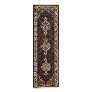 2'x7'10" Rich Black, Tabriz Mahi with Fish Medallion Design, 175 KPSI, 100% Wool, Hand Knotted, Runner Oriental Rug FWR390366