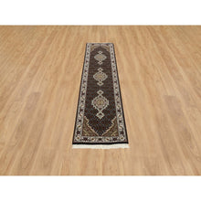 Load image into Gallery viewer, 2&#39;x7&#39;10&quot; Rich Black, Tabriz Mahi with Fish Medallion Design, 175 KPSI, 100% Wool, Hand Knotted, Runner Oriental Rug FWR390366