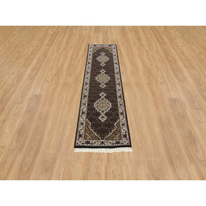 2'x7'10" Rich Black, Tabriz Mahi with Fish Medallion Design, 175 KPSI, 100% Wool, Hand Knotted, Runner Oriental Rug FWR390366