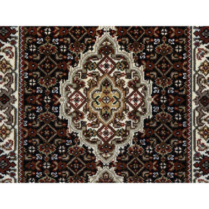 2'x7'10" Rich Black, Tabriz Mahi with Fish Medallion Design, 175 KPSI, 100% Wool, Hand Knotted, Runner Oriental Rug FWR390366