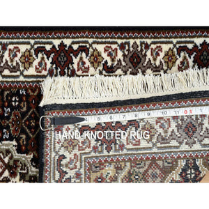 2'x7'10" Rich Black, Tabriz Mahi with Fish Medallion Design, 175 KPSI, 100% Wool, Hand Knotted, Runner Oriental Rug FWR390366