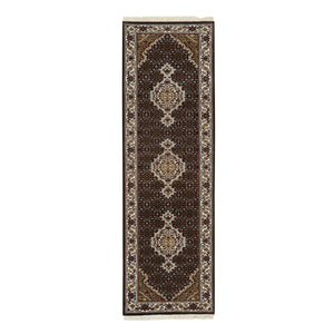 2'x8'1" Rich Black, Tabriz Mahi with Fish Medallion Design, 175 KPSI, Pure Wool, Hand Knotted, Runner Oriental Rug FWR390390