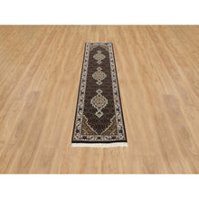 Load image into Gallery viewer, 2&#39;x8&#39;1&quot; Rich Black, Tabriz Mahi with Fish Medallion Design, 175 KPSI, Pure Wool, Hand Knotted, Runner Oriental Rug FWR390390