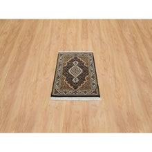 Load image into Gallery viewer, 2&#39;x3&#39;1&quot; Rich Black, Tabriz Mahi with Fish Medallion Design, Pure Wool, 175 KPSI, Hand Knotted, Mat Oriental Rug FWR390420