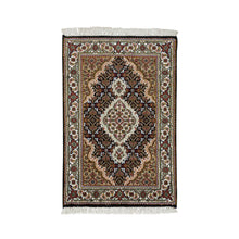 Load image into Gallery viewer, 2&#39;x3&#39;1&quot; Rich Black, Tabriz Mahi with Fish Medallion Design, Pure Wool, 175 KPSI, Hand Knotted, Mat Oriental Rug FWR390444