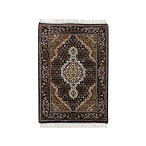 2'x3' Rich Black, Tabriz Mahi with Fish Medallion Design, 100% Wool, 175 KPSI, Hand Knotted, Mat Oriental Rug FWR390468