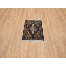 Load image into Gallery viewer, 2&#39;x3&#39; Rich Black, Tabriz Mahi with Fish Medallion Design, 100% Wool, 175 KPSI, Hand Knotted, Mat Oriental Rug FWR390468