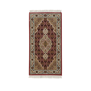 2'x4'2" Mahogany Red, Tabriz Mahi with Fish Medallion Design, 100% Wool, 175 KPSI, Hand Knotted, Mat Oriental Rug FWR390498