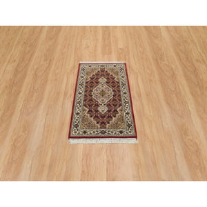 2'x4'2" Mahogany Red, Tabriz Mahi with Fish Medallion Design, 100% Wool, 175 KPSI, Hand Knotted, Mat Oriental Rug FWR390498