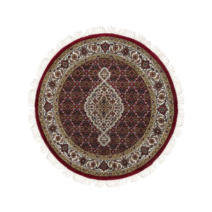 3'4"x3'4" Mahogany Red, Tabriz Mahi with Fish Medallion Design, Pure Wool, 175 KPSI, Hand Knotted, Round, Oriental Rug FWR390558